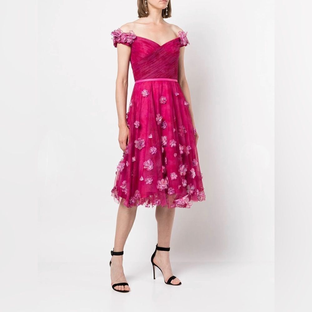Marchesa Notte floral-appliqué off-shoulder midi dress size 0